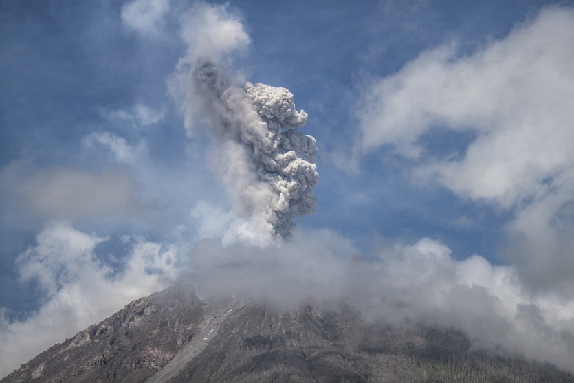 Indonesia's Sinabung volcano erupting in 2017. The volcano is situated just 50 kilometres from the site of the Toba supervolcano.